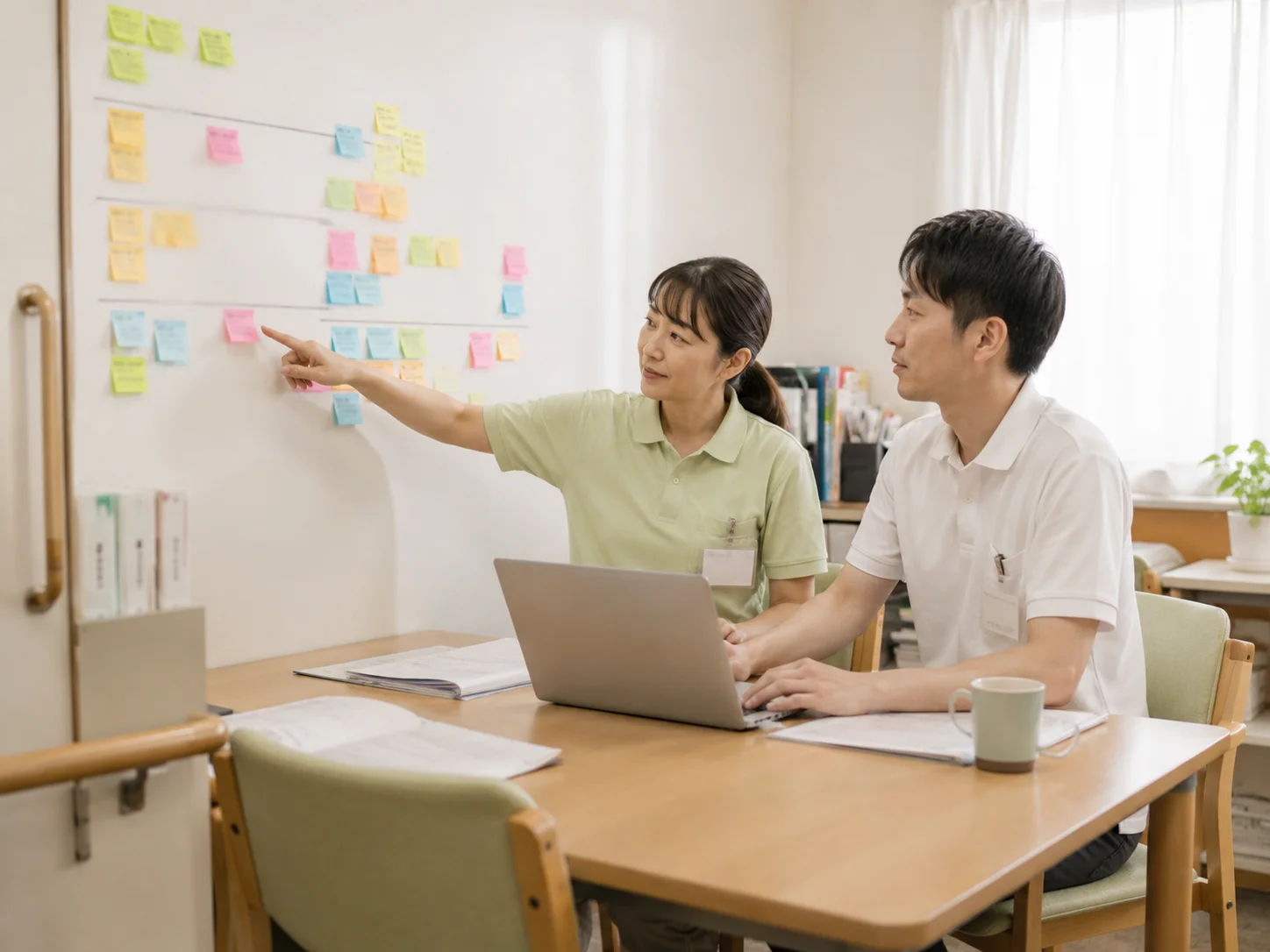 介護事業所の相談室で、付箋を貼った業務フロー図を指さしながら2名の職員が表計算の画面を見て話し合う様子