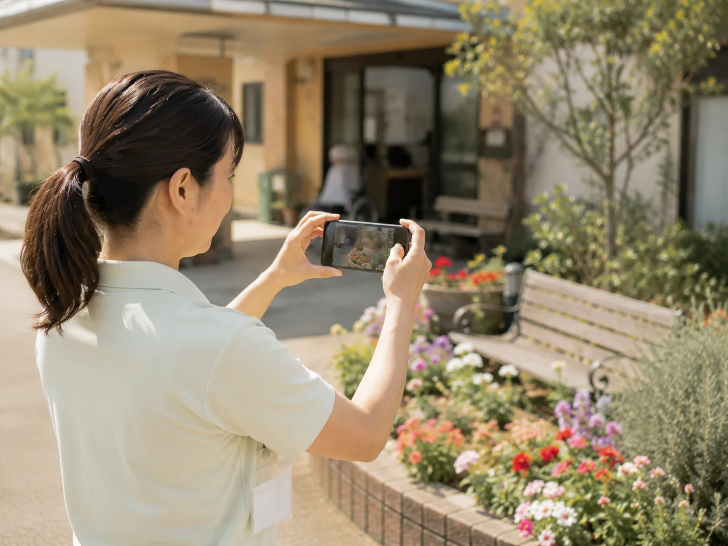 介護事業所の玄関先で、スマートフォンを構えて花壇を撮影する職員を後ろから捉えた様子