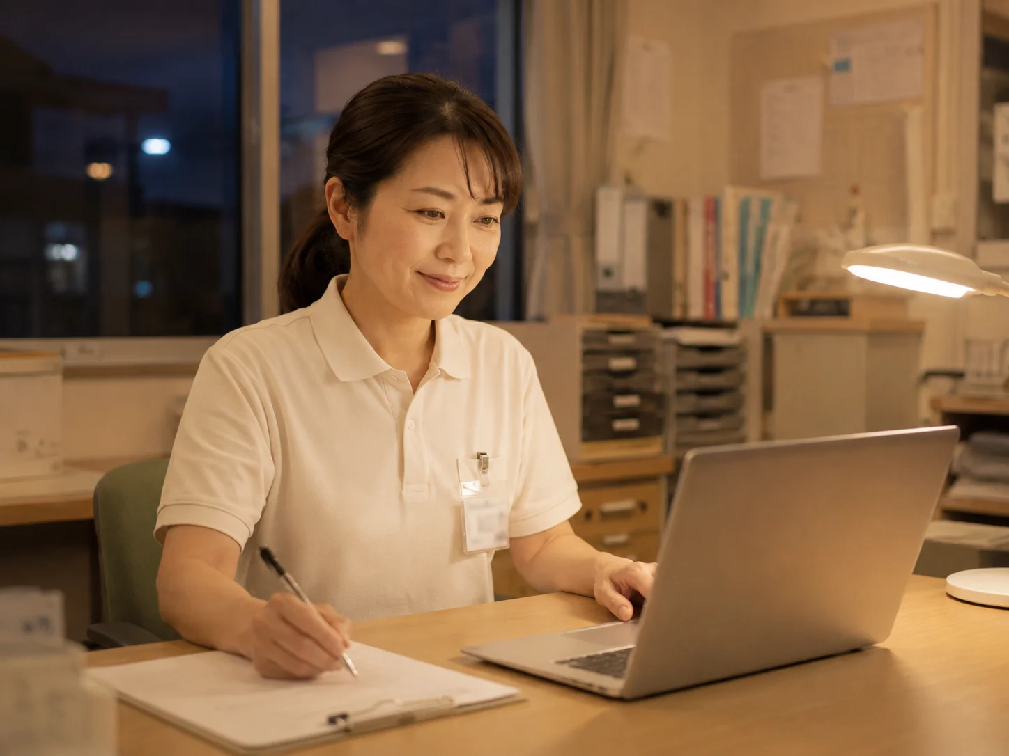 夕方の介護事業所の執務室で、デスクライトの下ノートパソコンに向かい書類仕事を終えようとする職員